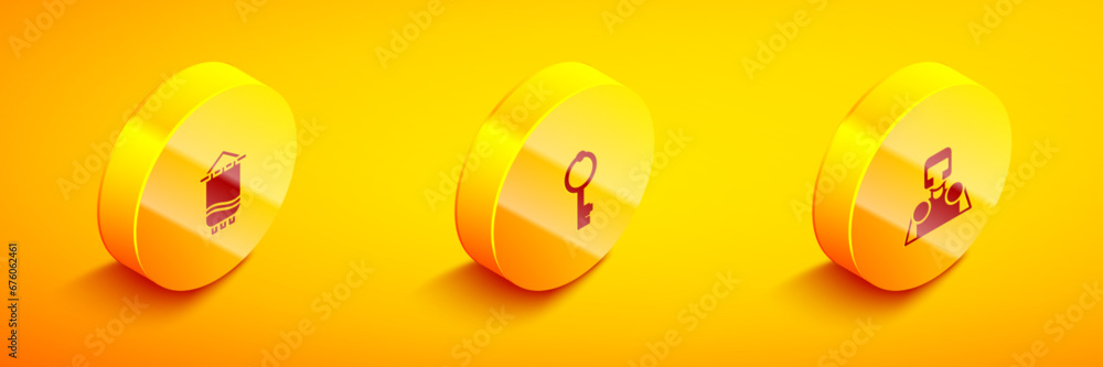 Set Isometric Medieval flag, Old key and knight icon. Vector Set Isometric Medieval flag, Old key and knight icon. Vector