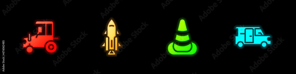 Set Tractor, Rocket ship with fire, Traffic cone and Minibus icon. Vector Set Tractor, Rocket ship with fire, Traffic cone and Minibus icon. Vector