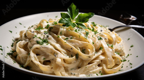  a close up of a plate of pasta with sauce and parsley on the top of the pasta and garnished with parsley.  generative ai photo