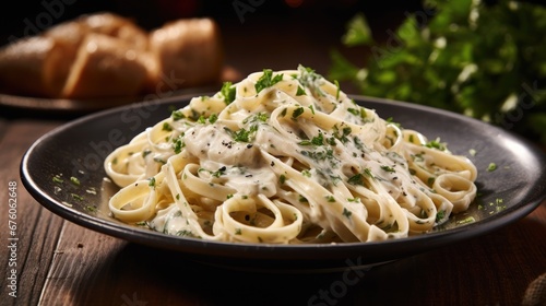  a plate of pasta with sauce and parsley on a wooden table next to bread and a glass of wine. generative ai