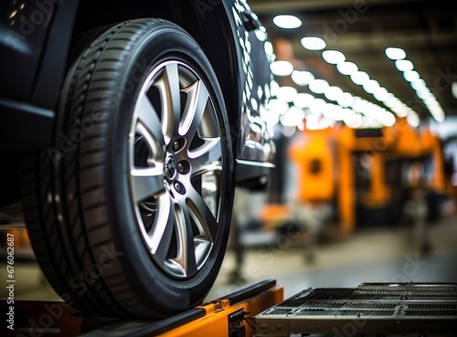 New car on the assembly line during wheel alignment. Close-up automobile with all season tires and titanium discs in indoor. Car collapse-convergence - service concept.