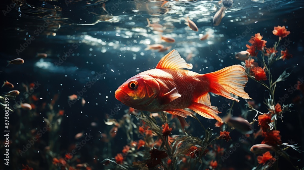 Fototapeta premium a goldfish swims in an aquarium filled with water lilies and other small red flowers in the foreground. generative ai