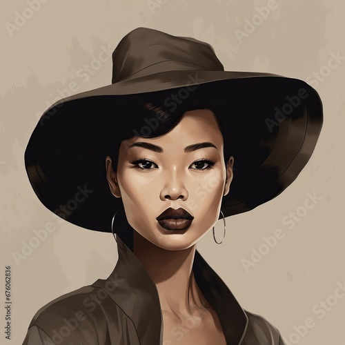 Dramatic Shady Brown Dark Colors Woman Face Portrait Digital Generated Drawn Illustration Artwork Poster Template