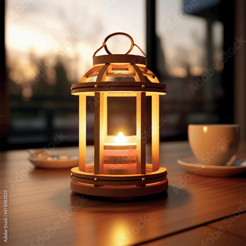 wooden lantern in the evening light on the table realistic Illustration