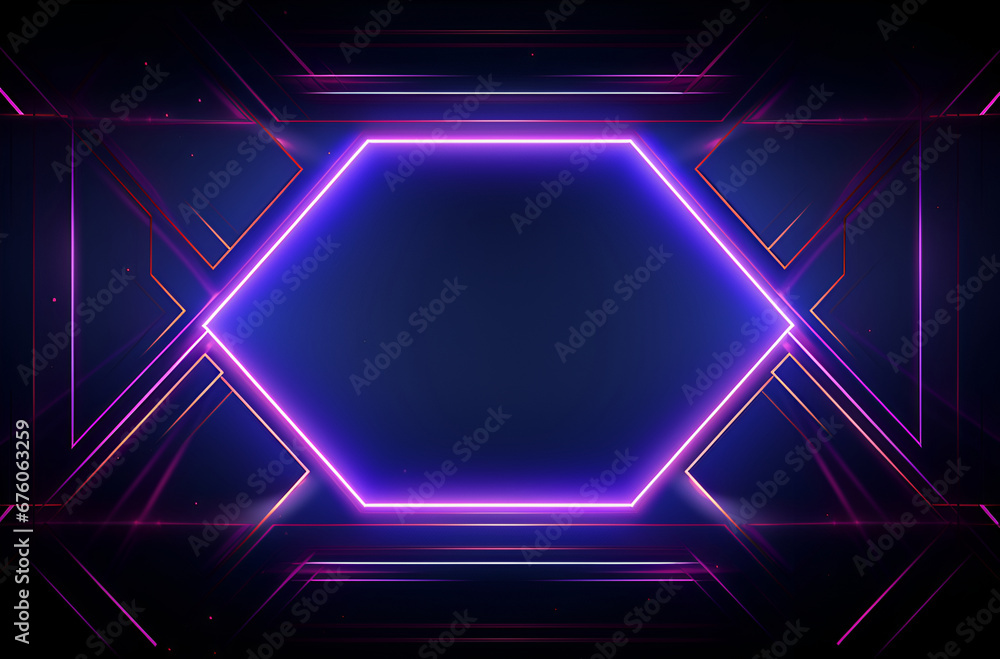bright geometric pattern with a large central hexagon framed by glowing purple neon lines on a dark background, retrofuturism or cyberpunk aesthetics, neon colors and sharp lines, as a wallpaper, back bright geometric pattern with a large central hexagon framed by glowing purple neon lines on a dark background, retrofuturism or cyberpunk aesthetics, neon colors and sharp lines, as a wallpaper, back
