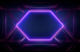 bright geometric pattern with a large central hexagon framed by glowing purple neon lines on a dark background, retrofuturism or cyberpunk aesthetics, neon colors and sharp lines, as a wallpaper, back