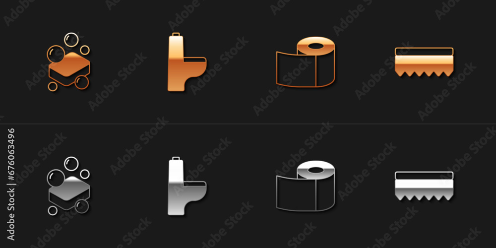 Set Bar of soap, Toilet bowl, paper roll and Sponge icon. Vector Set Bar of soap, Toilet bowl, paper roll and Sponge icon. Vector