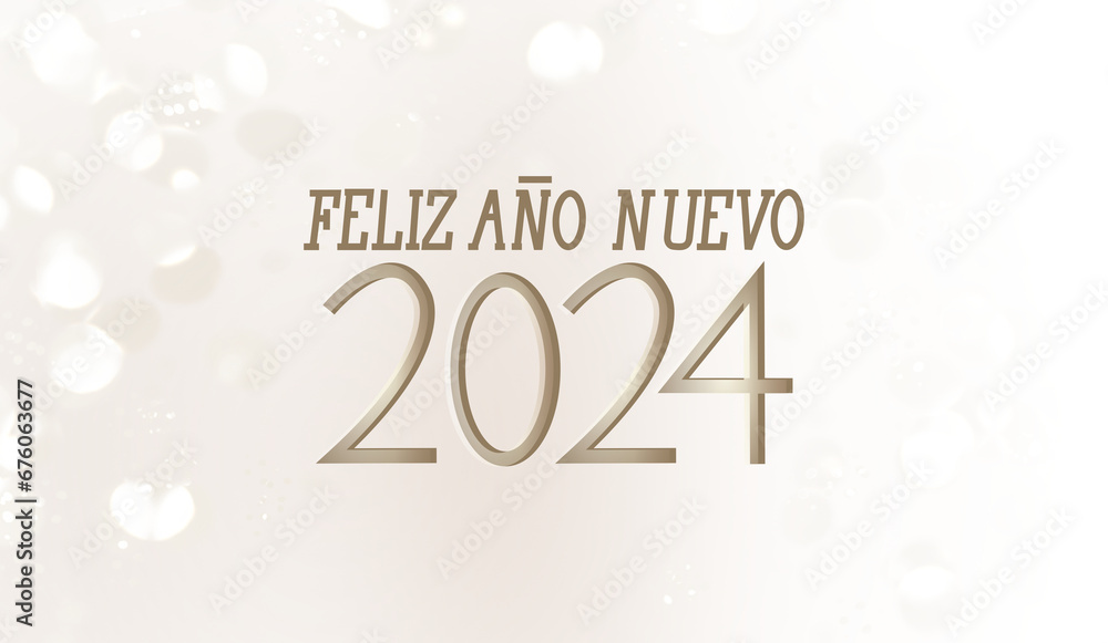 Happy New Year 2024 text in Spanish with lights in the background.
