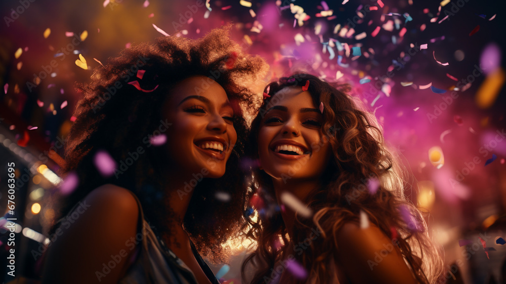 LGBT lesbian couple or girlfriends celebrating with confetti together, concept of hapiness and joy