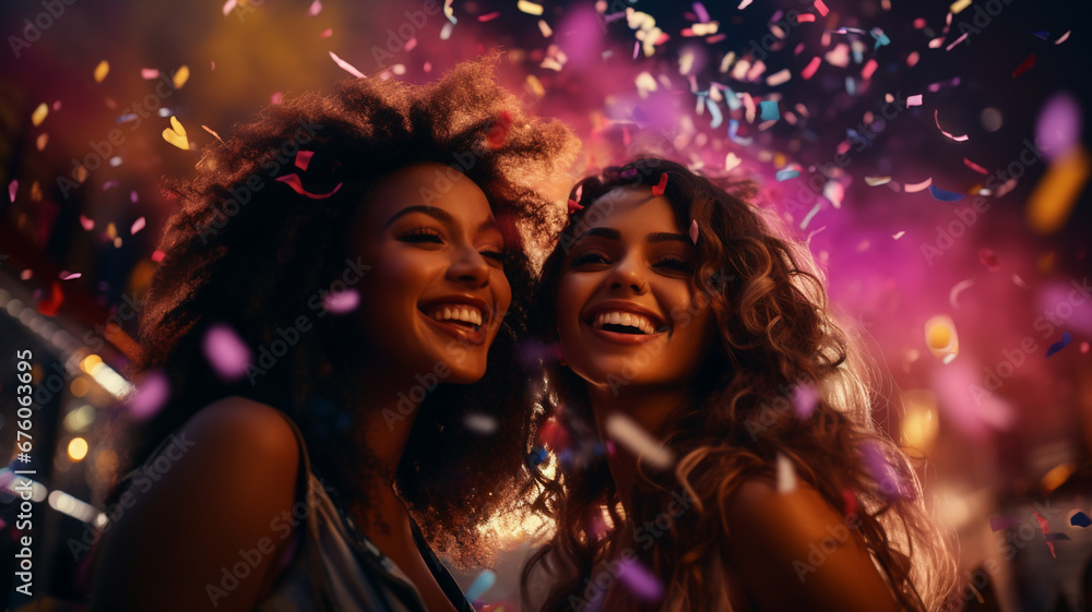 LGBT lesbian couple or girlfriends celebrating with confetti together, concept of hapiness and joy LGBT lesbian couple or girlfriends celebrating with confetti together, concept of hapiness and joy