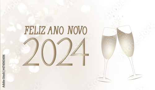 Happy New Year 2024 in Portugese text with champagne glasses on pink background with lights.