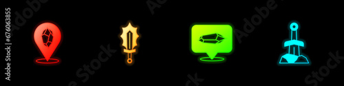 Set Magic stone, sword in fire, and Sword the icon. Vector