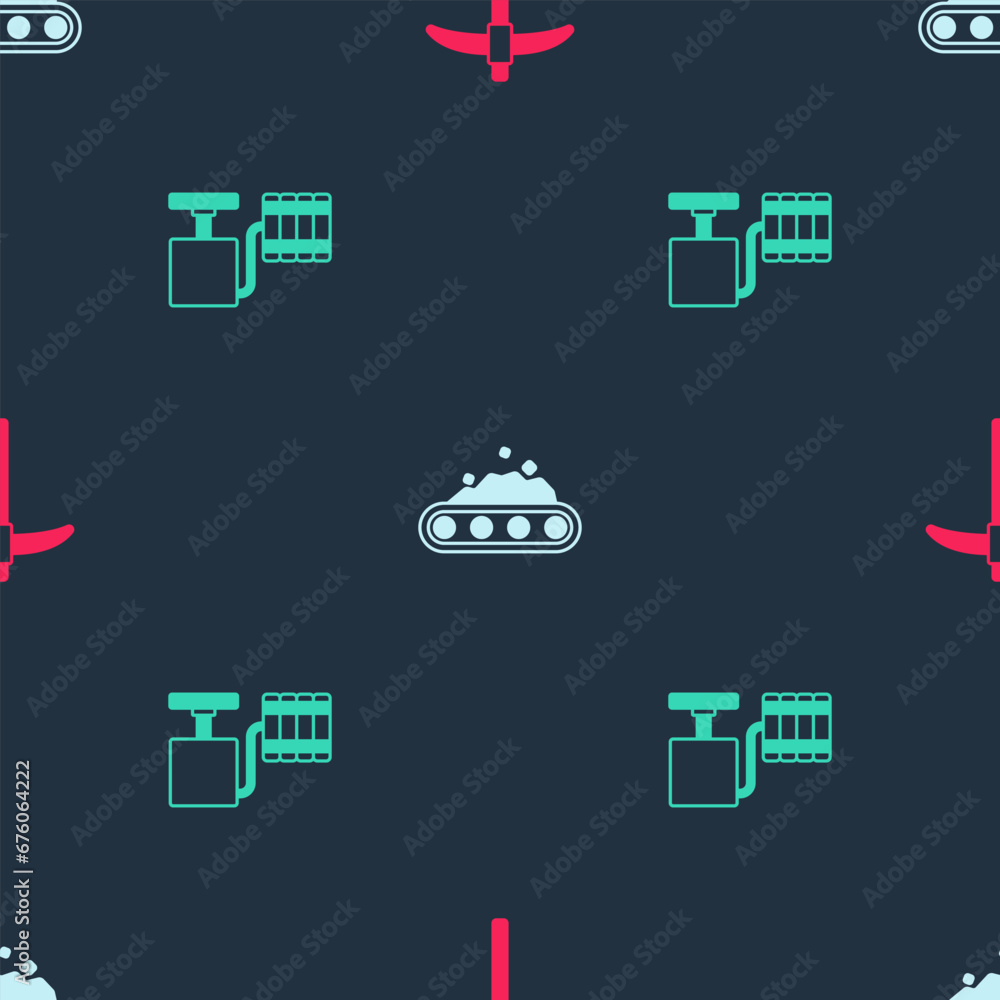 Set Pickaxe, Conveyor belt carrying coal and Handle detonator on seamless pattern. Vector Set Pickaxe, Conveyor belt carrying coal and Handle detonator on seamless pattern. Vector