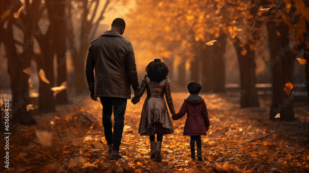 Happy black family walking in the park autumn fall leaves in the ground and trees Happy black family walking in the park autumn fall leaves in the ground and trees