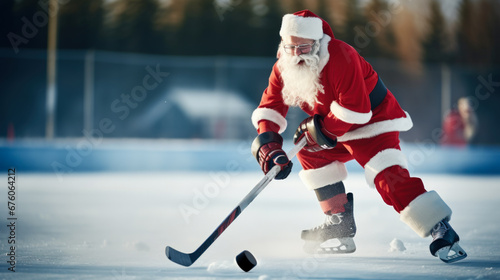 Santa in a red suit plays hockey on an outdoor skating rink. Soft focus and copy space.