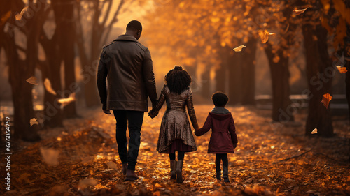 Happy black family walking in the park autumn fall leaves in the ground and trees