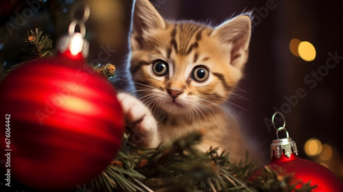 copy space, stockphoto, cute kitten playing with a Christmas bauble hanging in a Christmas tree . Cute pet playing with a Christmas bauble during christmas time.  Christmas decoration. Background for  © Dirk