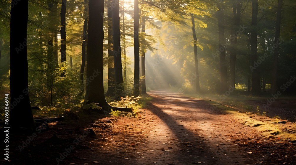 Tranquil Forest Path with Sunbeams Peeking Through Tall Trees in Autumn Hues, Enhanced with Soft and Earthy Tones for a Serene Ambiance