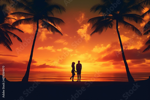 Silhouette of couple on tropical beach during sunset on background