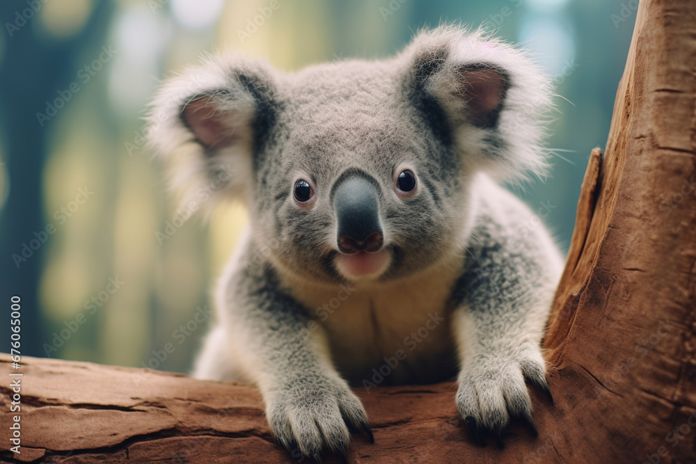 Fototapeta premium Close up of cute koala in tree in tropical rainforest
