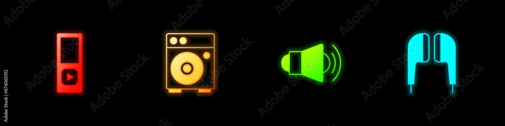 Set Music player, Guitar amplifier, Megaphone and Air headphones icon. Vector Set Music player, Guitar amplifier, Megaphone and Air headphones icon. Vector