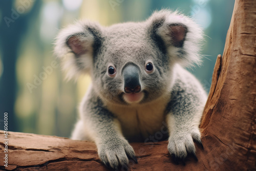 Close up of cute koala in tree in tropical rainforest