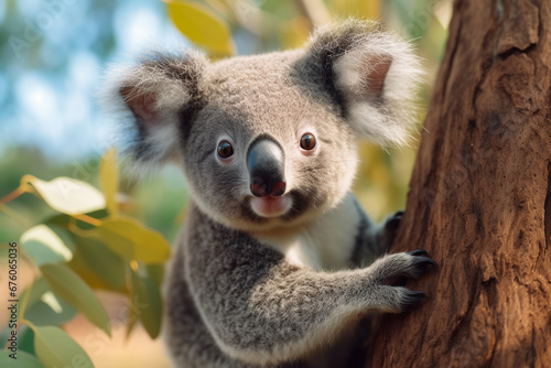 Close up of cute koala in tree in tropical rainforest