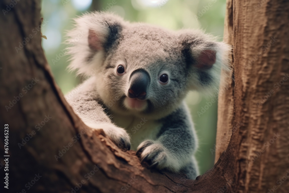 Naklejka premium Close up of cute koala in tree in tropical rainforest