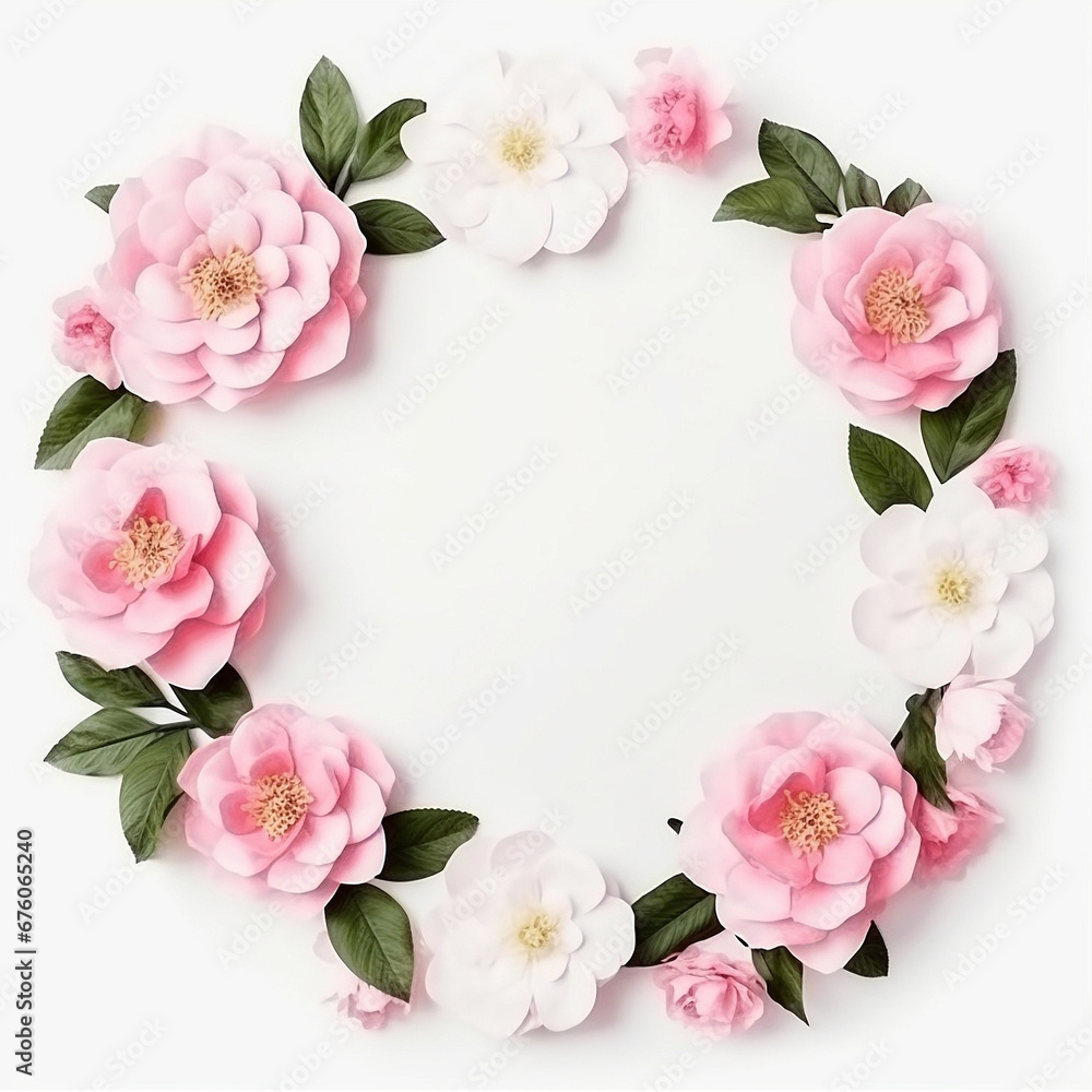camellia and rose flowers decor round frame card on white background camellia and rose flowers decor round frame card on white background