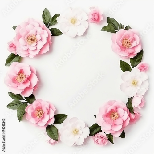camellia and rose flowers decor round frame card on white background