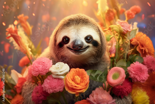 Photo smiling cute sloth holding bouquet in colorful flowers isolated warm background