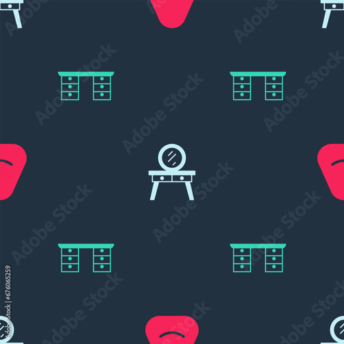 Set Pouf, Dressing table and Office desk on seamless pattern. Vector