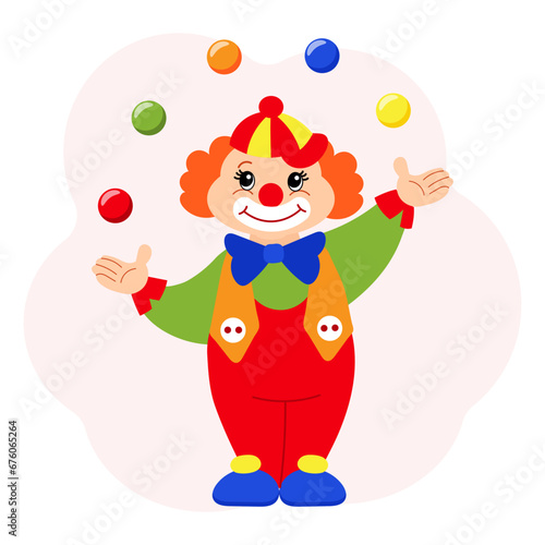 Cute funny cartoon clown juggler with balls. Children's card, print, colorful illustration, vector