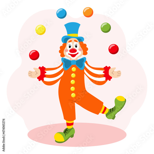 Cute funny cartoon clown juggler with balls. Children's card, print, colorful illustration, vector