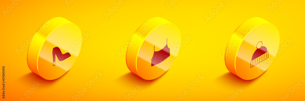 Set Isometric Woman shoe, Female crop top and Beanie hat icon. Vector Set Isometric Woman shoe, Female crop top and Beanie hat icon. Vector
