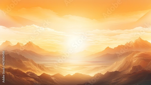  a painting of a mountain landscape with the sun rising over the mountains and the ocean in front of the mountain range. generative ai