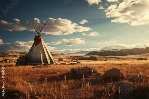 A breathtaking landscape shot of a Native American reservation or ancestral land, emphasizing the connection between indigenous communities and nature. photo