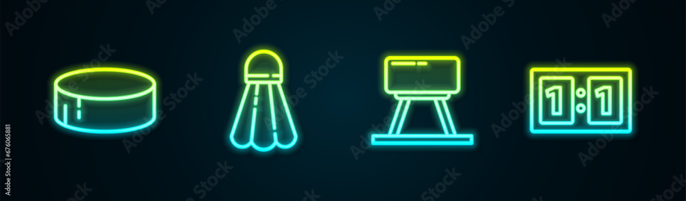 Set line Hockey puck, Badminton shuttlecock, Pommel horse and Sport mechanical scoreboard. Glowing neon icon. Vector Set line Hockey puck, Badminton shuttlecock, Pommel horse and Sport mechanical scoreboard. Glowing neon icon. Vector