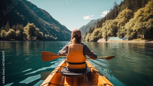 A person enjoying an ecofriendly activity such as kayaking or hiking with a focus on the importance of preserving natural habitats