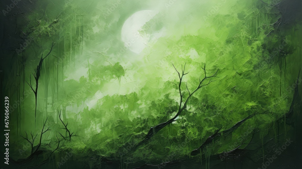  a painting of a green forest with a full moon in the middle of the night with trees in the foreground.  generative ai