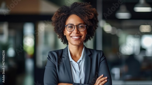 A smiling business afro woman ceo wearing glasses Happy middle aged business woman ceo standing in office with arms crossed