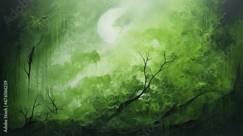  a painting of a green forest with a full moon in the middle of the night with trees in the foreground. generative ai