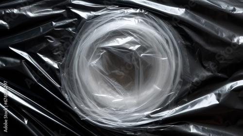 Genuine plastic wrap texture on black background. Crumpled packaging
