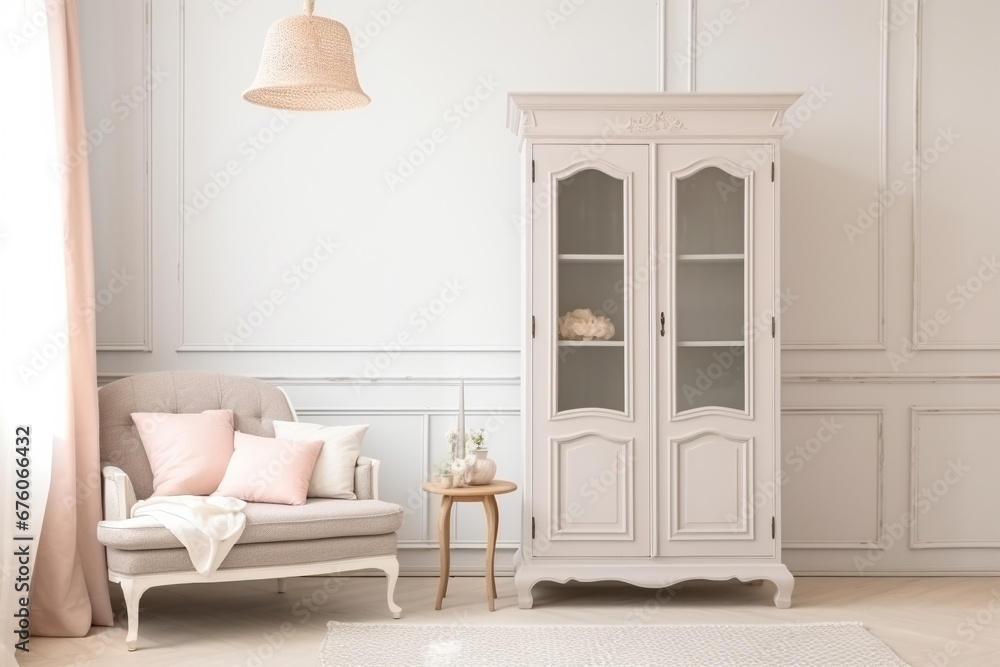 French provincial wardrobe decorating a traditional bedroom in soft pastel colors - obrazy, fototapety, plakaty 
