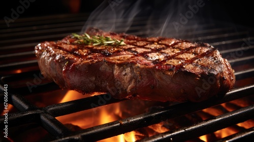  a steak roasting on a grill with flames and smoke coming out of the top of the grill and a green sprig of rosemary sprig on top of the steak. generative ai