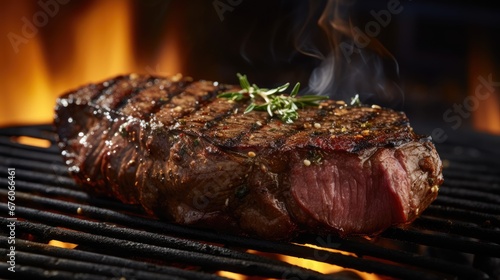  a close up of a steak on a grill with a fire in the background and smoke coming out of it. generative ai