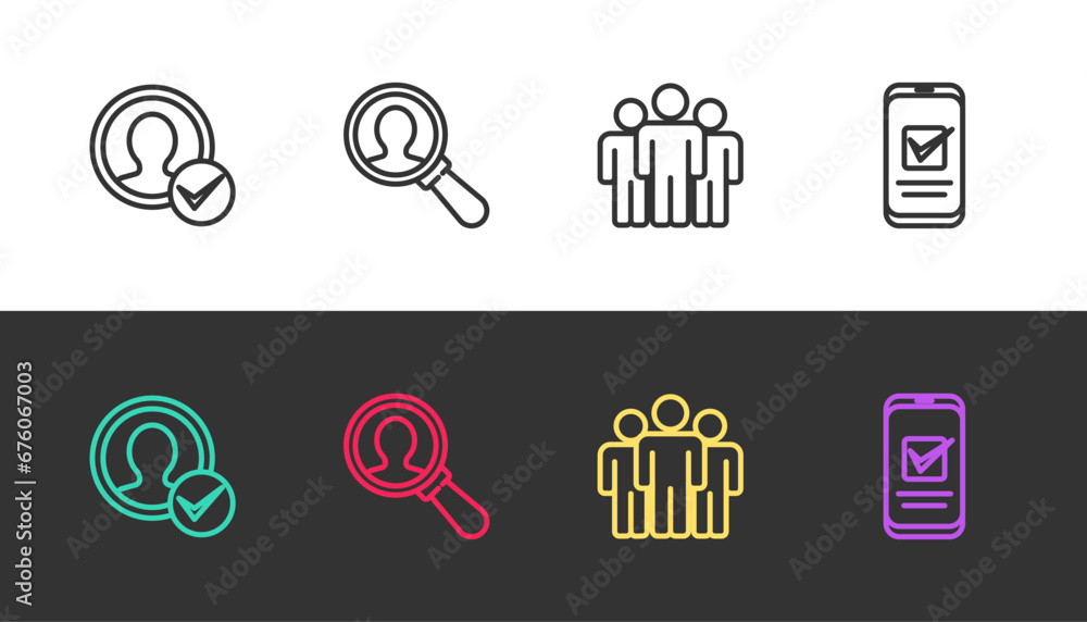 Set line Create account screen, Magnifying glass for search, Users group and Smartphone on black and white. Vector Set line Create account screen, Magnifying glass for search, Users group and Smartphone on black and white. Vector