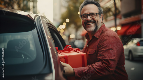 hombre latino con barba sonriente guardando regalos en su auto, caja con moño rojo, obsequio photo