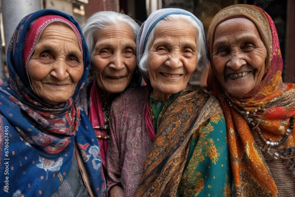 Four smiling elderly women in colorful headscarves showing a bond of friendship and cultural heritage.