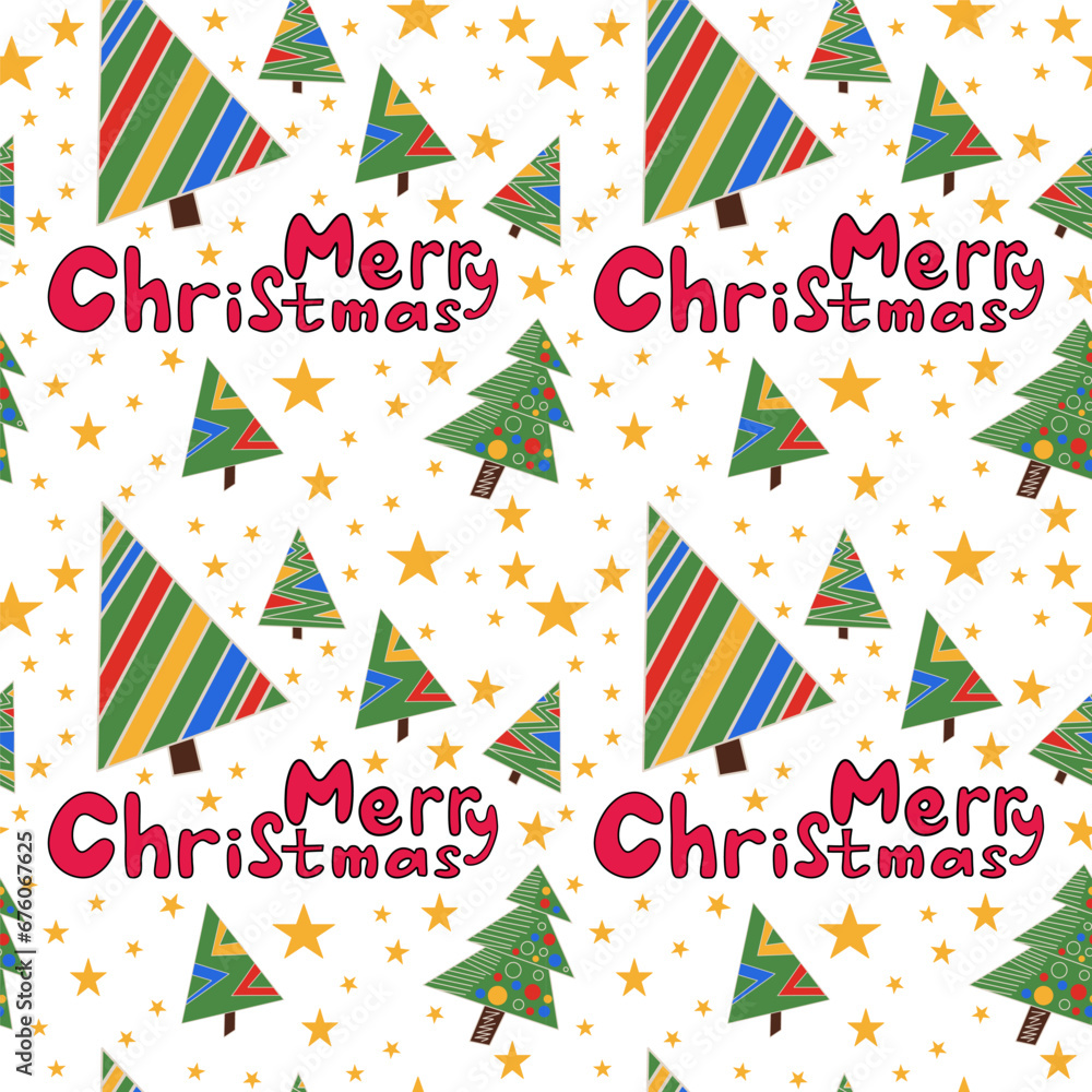 Seamless abstract pattern with christmas tree, stars, Merry Christmas letters. Green, red, yellow. White background. Vector. Designs for textile fabrics, wrapping paper, background, wallpaper, cover.